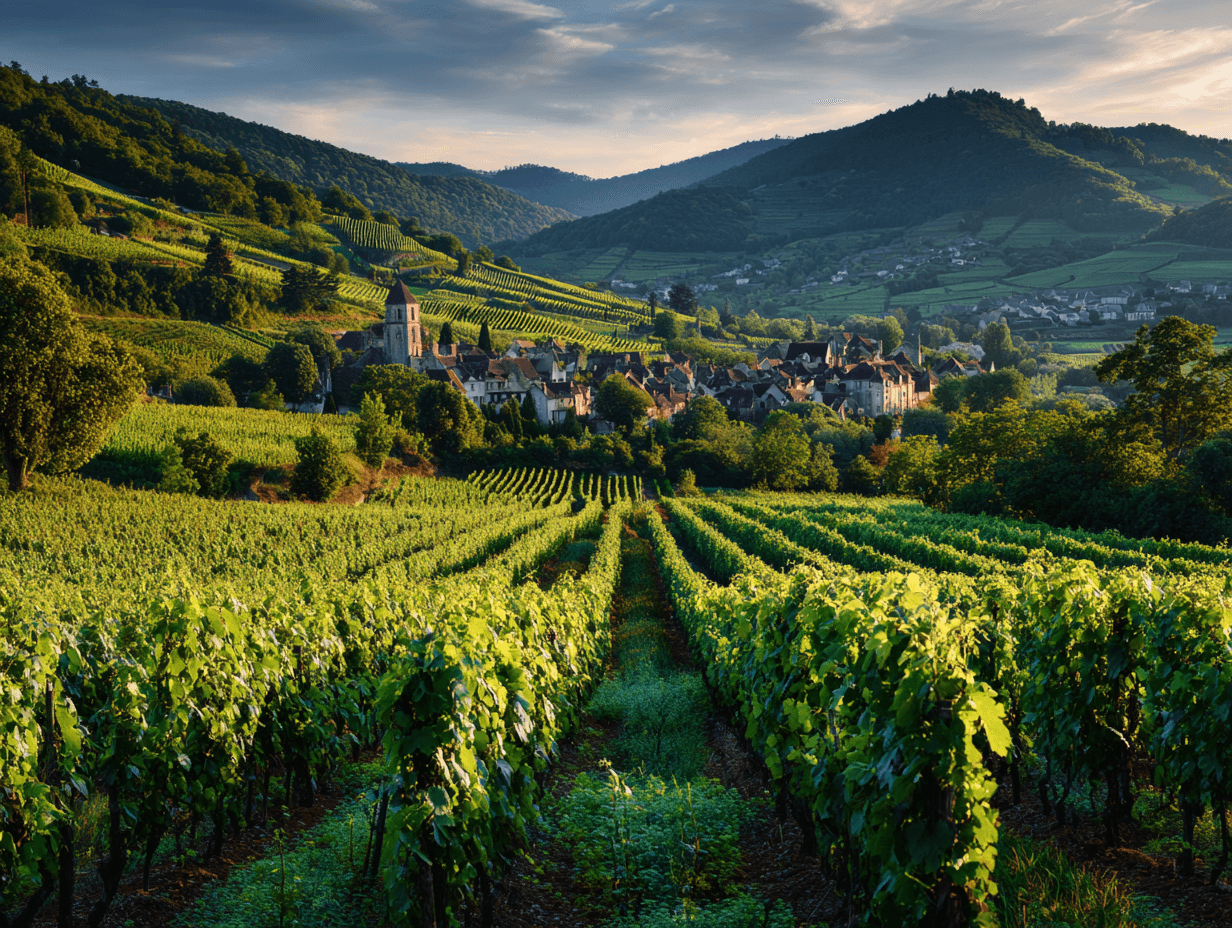 Burgundy vineyards landscape at sunset